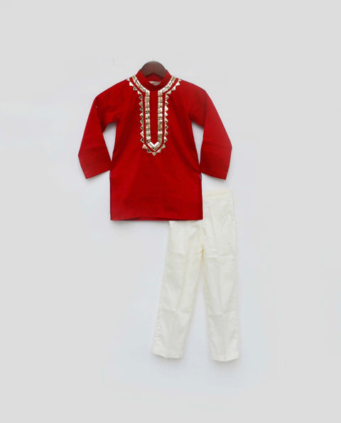Pre-Order: Red Cotton Silk Kurta with Golden Embroidery and Off White Pant