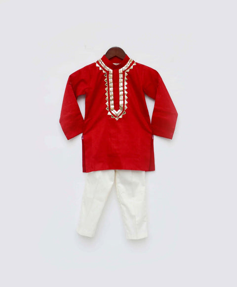Pre-Order: Red Cotton Silk Kurta with Golden Embroidery and Off White Pant