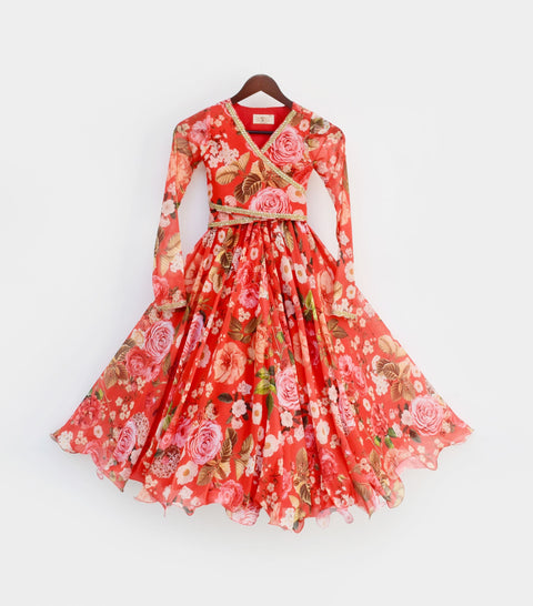 Pre Order: Red Floral Print Lehenga Choli Set