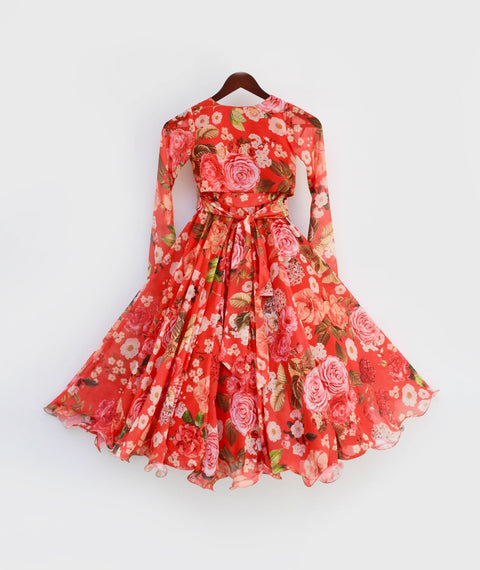 Pre Order: Red Floral Print Lehenga Choli Set