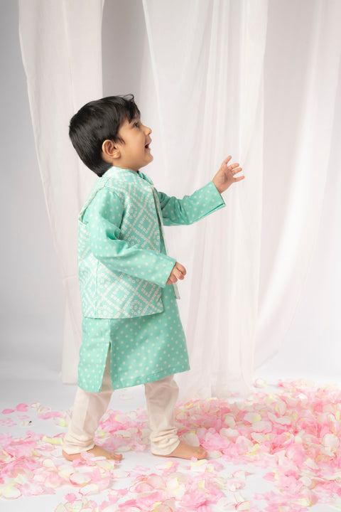 Pre-Order: Green Bandhej Kurta Nehru Jacket Set