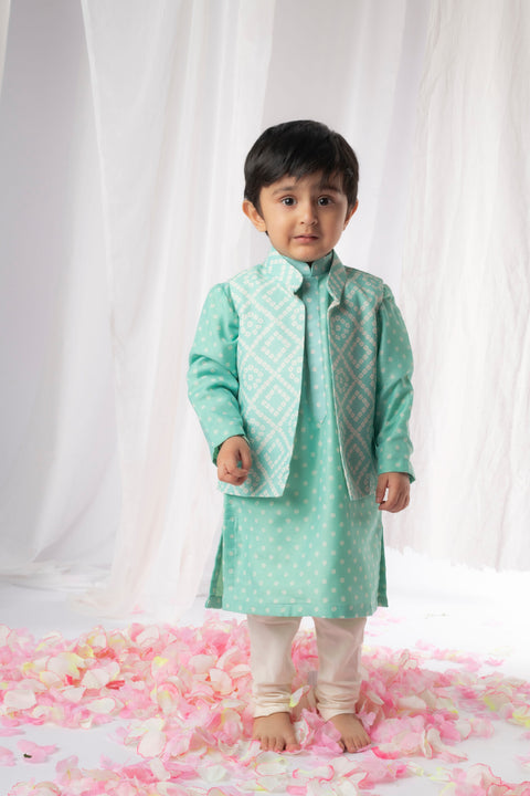 Pre-Order: Green Bandhej Kurta Nehru Jacket Set