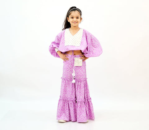 Pre-Order: Lavender Bandhej Sharara with Kaftan Balloon Top