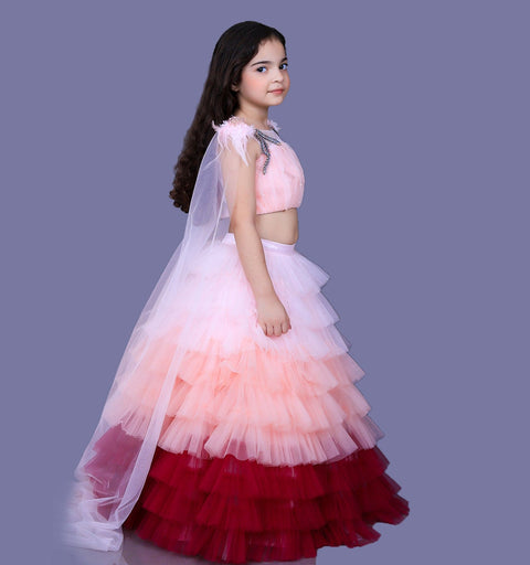 Pre-Order: Pearl Work And Feathers Detailing Top With Shaded Ruffled Lehenga