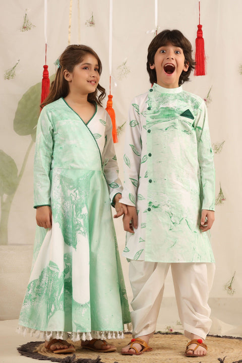 Pre-Order: White/Green Kurta and Balloon Pants