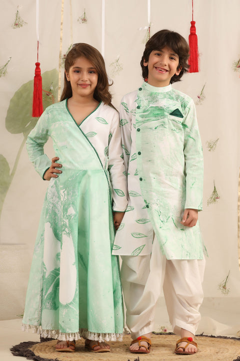 Pre-Order: White/Green Full Dress with Pants