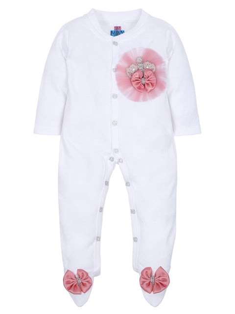 Pre-Order:  Blush Frill Pearl Crown Sleepsuit with Shoes