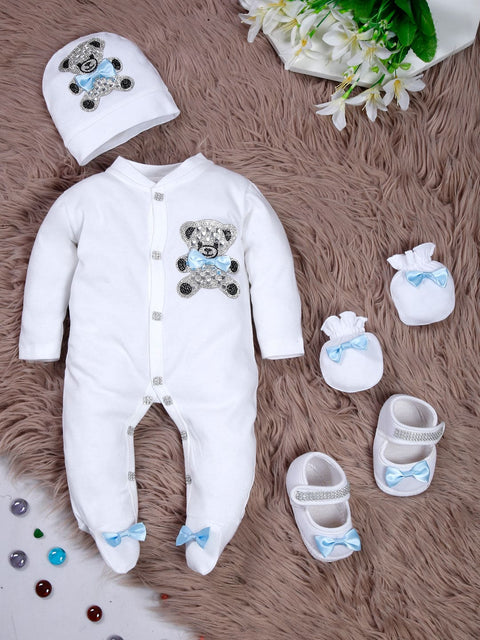Pre-Order:  Blue Bow Teady Bear Sleepsuit Set with Shoes