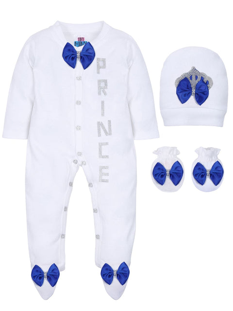 Pre-Order: Silver Prince Blue Bow Sleepsuit Set with Shoes