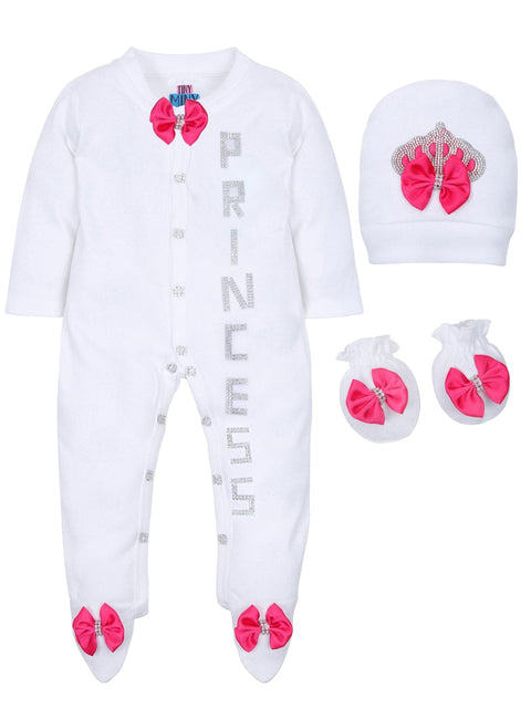 Pre-Order: Silver Princess Fuchsia Bow Sleepsuit Set with Shoes