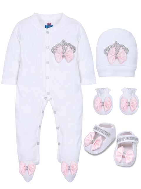 Pre-Order: Rhinestone Crown Patch Sleepsuit with Pink Bows and Shoes