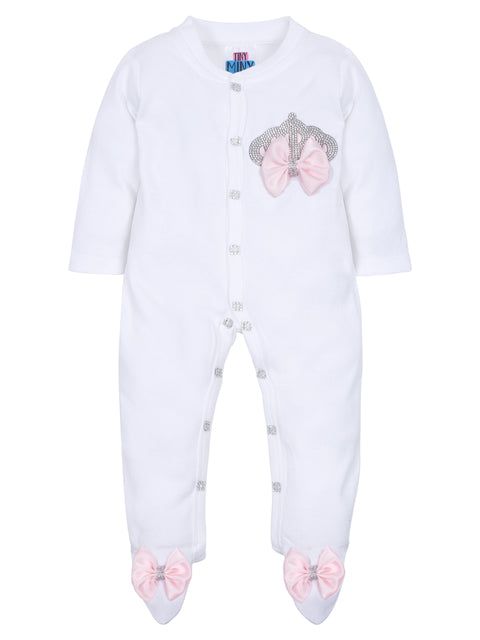 Pre-Order: Rhinestone Crown Patch Sleepsuit with Pink Bows and Shoes