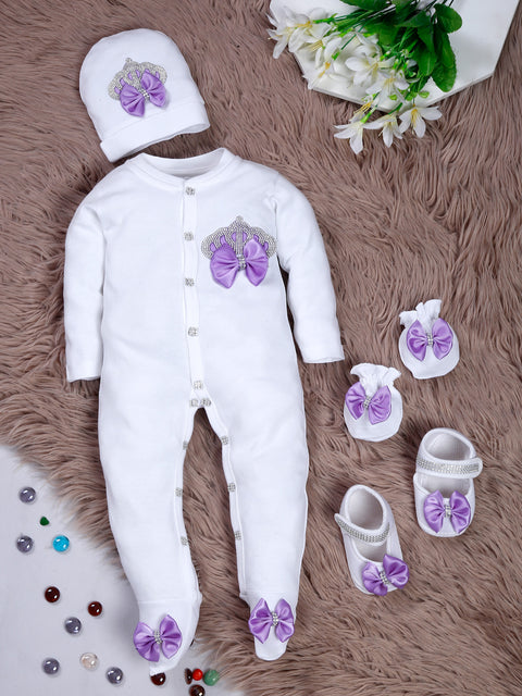 Pre-Order: Rhinestone Crown Patch Sleepsuit with Lavender Bows and Shoes