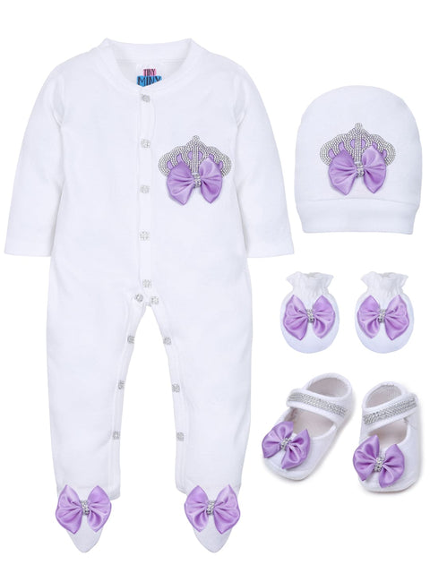Pre-Order: Rhinestone Crown Patch Sleepsuit with Lavender Bows and Shoes