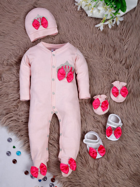 Pre-Order: Rhinestone Crown Patch Pink Sleepsuit with Fuchsia Bows and Shoes
