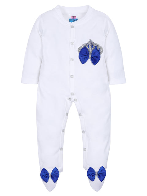 Pre-Order: Rhinestone Crown Patch Sleepsuit with Dark Blue Bows and Shoes