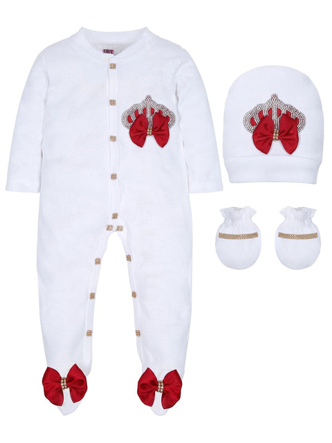 Pre-Order: Rhinestone Crown Patch Sleepsuit with Maroon Bows and Shoes