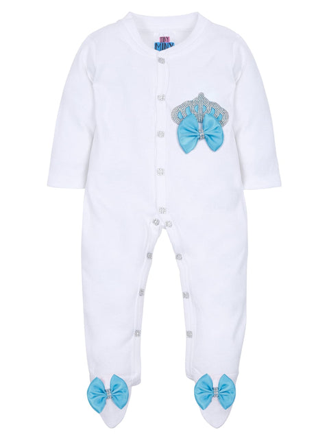 Pre-Order: Rhinestone Crown Patch Sleepsuit with Light Blue Bows and Shoes