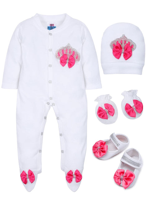 Pre-Order: Rhinestone Crown Patch Sleepsuit with Fuchsia Bows and Shoes
