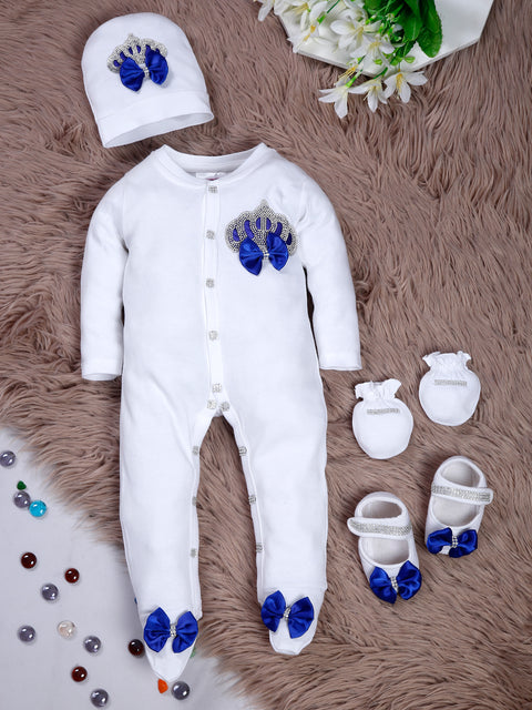 Pre-Order: Rhinestone Crown Patch, Back Wings  Sleepsuit with Dark Blue Bows and Shoes