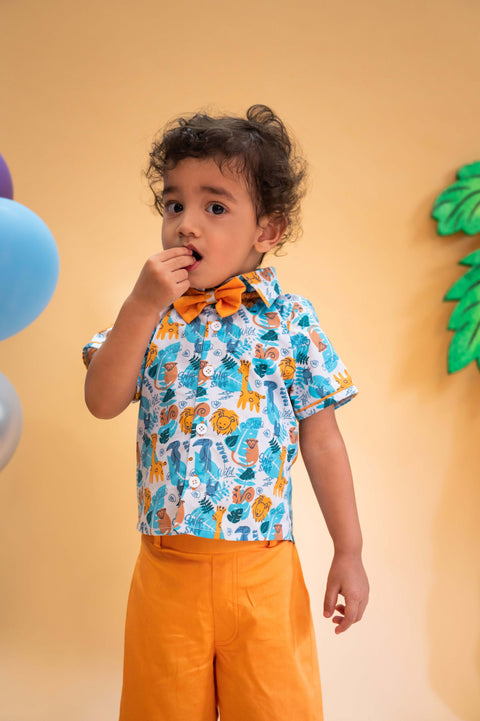 Pre-Order: Animal Kingdom Printed Shirt and Pant Set with Bow tie.