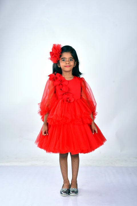 Pre-Order: Red Tulle Knee Length Dress with Full Sleeves