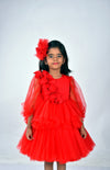 Pre-Order: Red Tulle Knee Length Dress with Full Sleeves