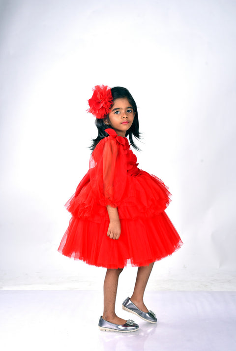 Pre-Order: Red Tulle Knee Length Dress with Full Sleeves