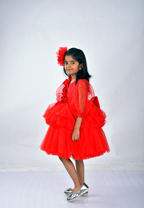 Pre-Order: Red Tulle Knee Length Dress with Full Sleeves