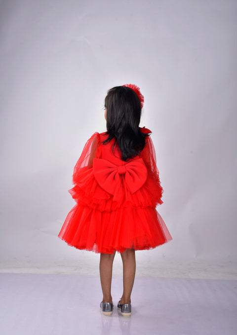 Pre-Order: Red Tulle Knee Length Dress with Full Sleeves