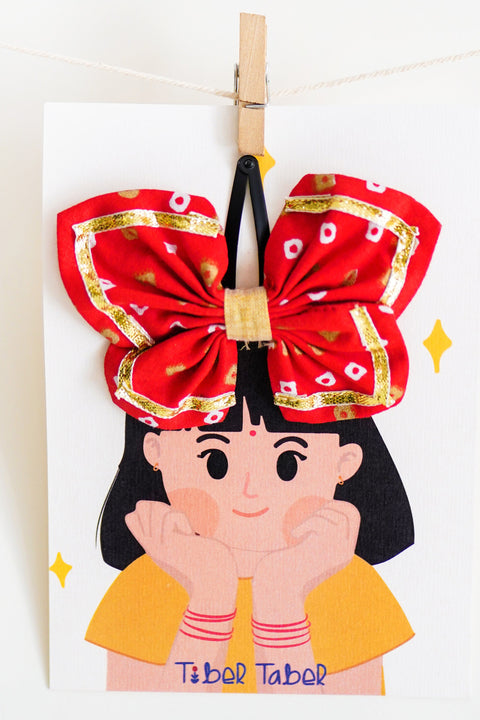 Printed Bandhani Butterfly Hairclip-Red