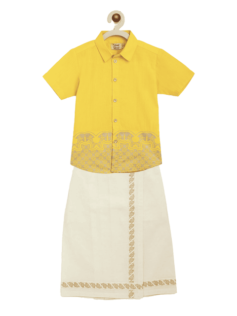 Boys Mundu Dhoti Shirt Set-Yellow