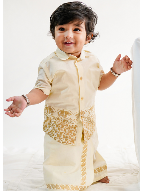 Boys Mundu Dhoti Shirt Set-Cream