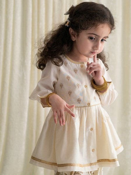 Baby Girl Chanderi Angrakha Suit Set Embroidered- Cream