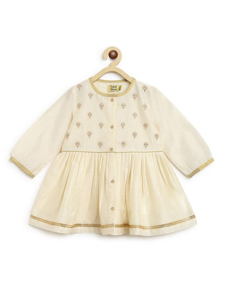Baby Girl Chanderi Angrakha Suit Set Embroidered- Cream