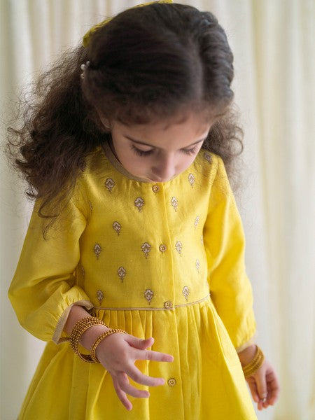 Baby Girl Chanderi Angrakha Suit Set Embroidered- Yellow