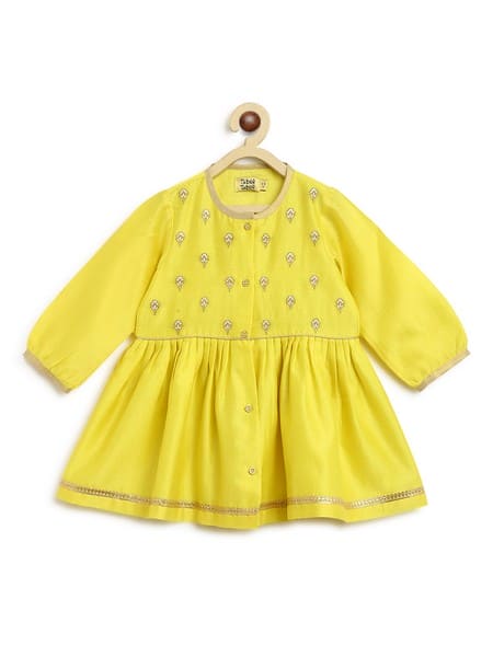 Baby Girl Chanderi Angrakha Suit Set Embroidered- Yellow
