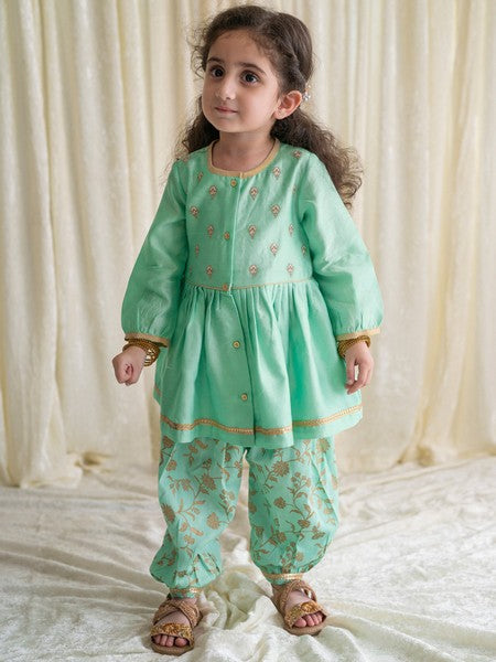 Baby Girl Chanderi Angrakha Suit Set Embroidered- Green