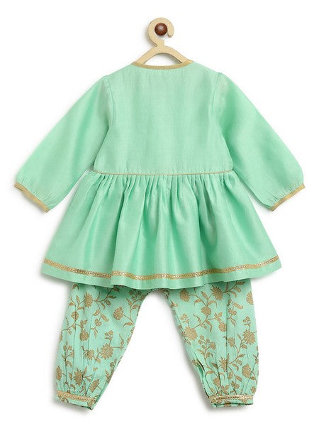 Baby Girl Chanderi Angrakha Suit Set Embroidered- Green