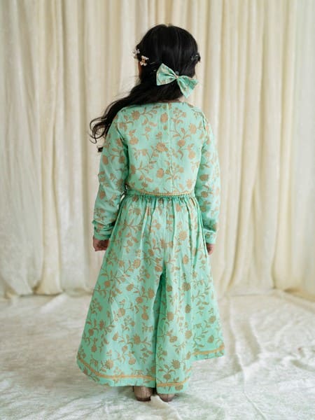 Girl Ethnic Co-ord Set Embroidered- Green