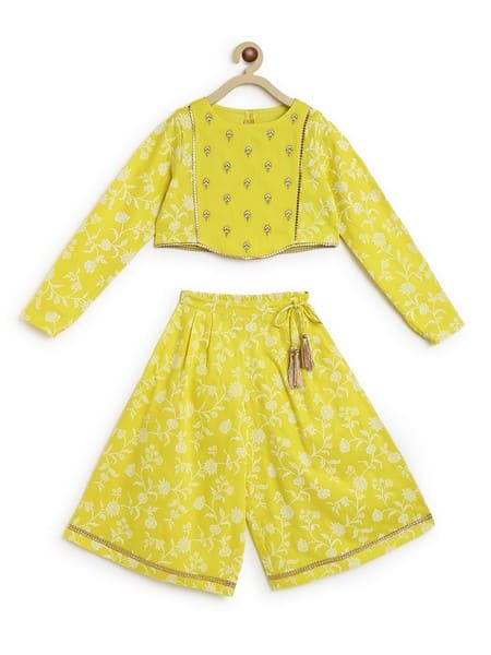 Girl Ethnic Co-ord Set Embroidered- Yellow