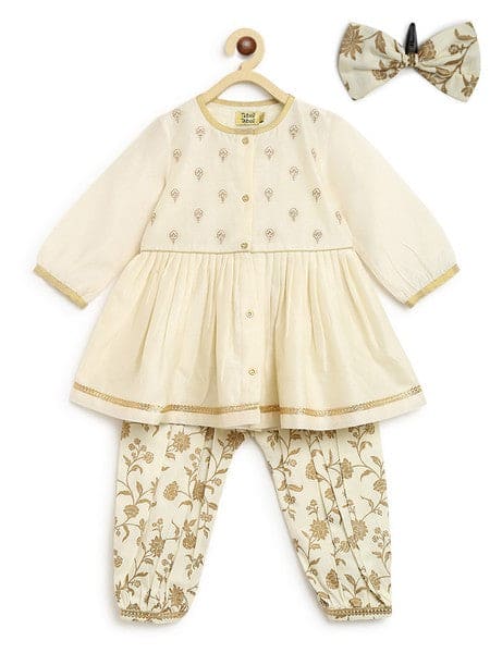 Girls Combo Angrakha Set And Bow Hairclip Gold Print- Cream