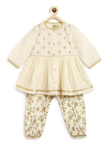 Girls Combo Angrakha Set And Bow Hairclip Gold Print- Cream