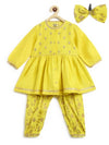 Girls Combo Angrakha Set And Bow Hairclip Gold Print- Yellow