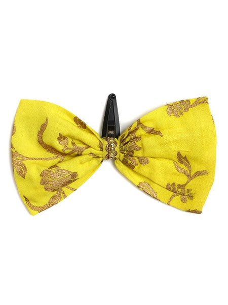 Girls Combo Co-ord Set And Bow Hairclip Gold Print- Yellow