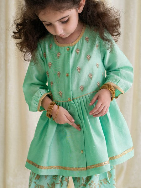 Girls Combo Angrakha Set And Bow Hairclip Gold Print- Green