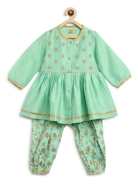 Girls Combo Angrakha Set And Bow Hairclip Gold Print- Green
