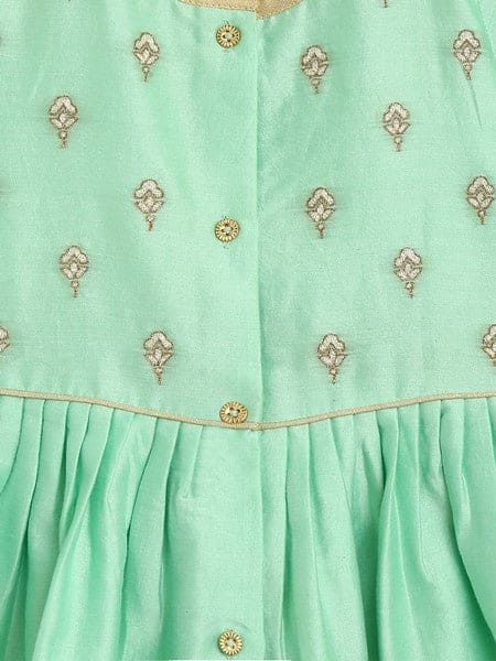 Girls Combo Angrakha Set And Bow Hairclip Gold Print- Green