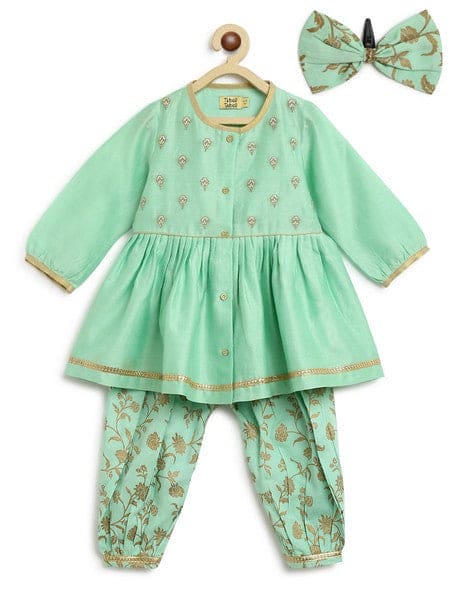 Girls Combo Angrakha Set And Bow Hairclip Gold Print- Green