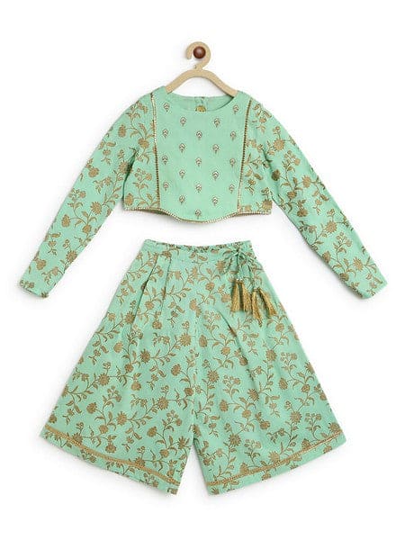 Girls Combo Co-ord Set And Bow Hairclip Gold Print- Green